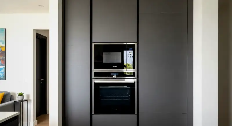 Seamless built-in microwave and oven appliances integrated into a modern modular kitchen pantry unit in Kolkata