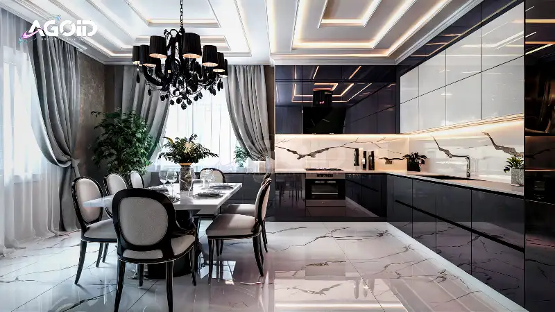 Modern grey L-shaped modular kitchen with premium acrylic finish interior design in Salt Lake, Kolkata